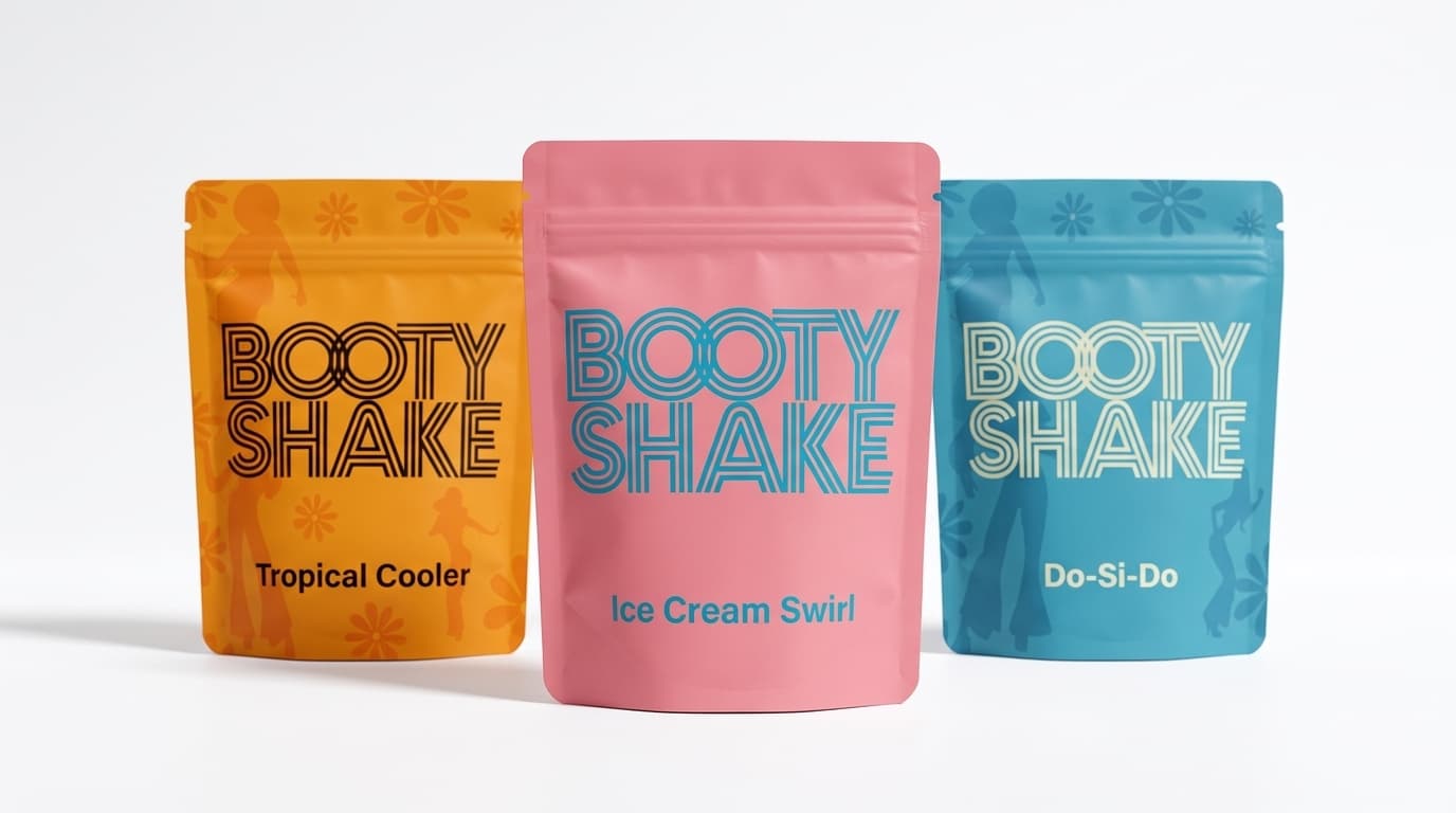 Three Booty Shake pouches: Tropical Cooler, Ice Cream Swirl, and Do-Si-Do
